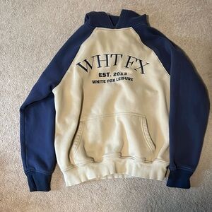 White fox raglan hoodie blue and cream